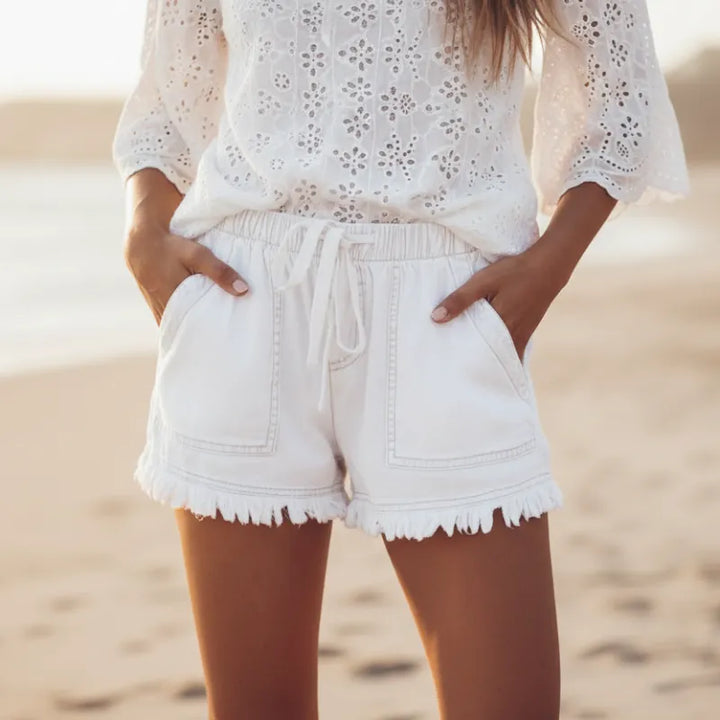 Harper | Boho Frayed Hem Denim Shorts for Women
